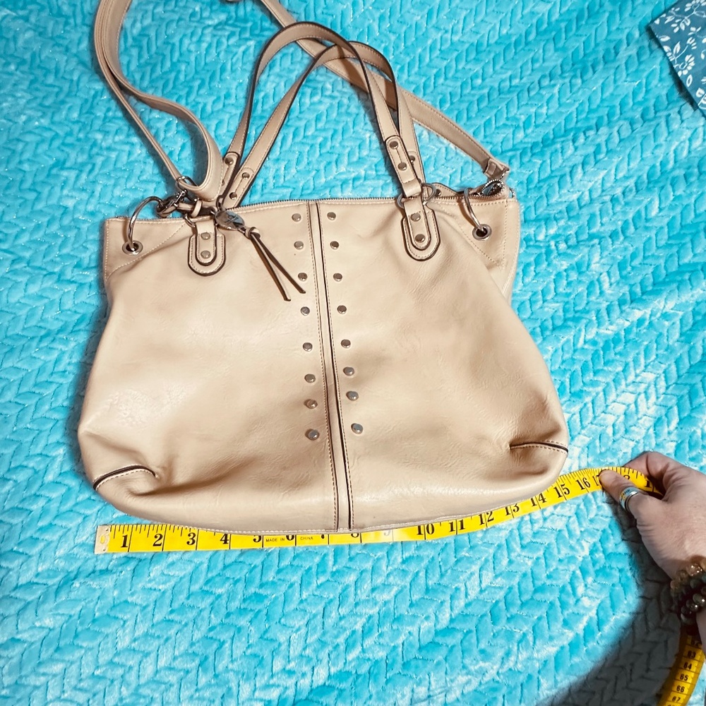 Nicole Miller New York Beige Studded Tote Shoulder Bag Crossbody Chic Boho Large - Picture 13 of 15